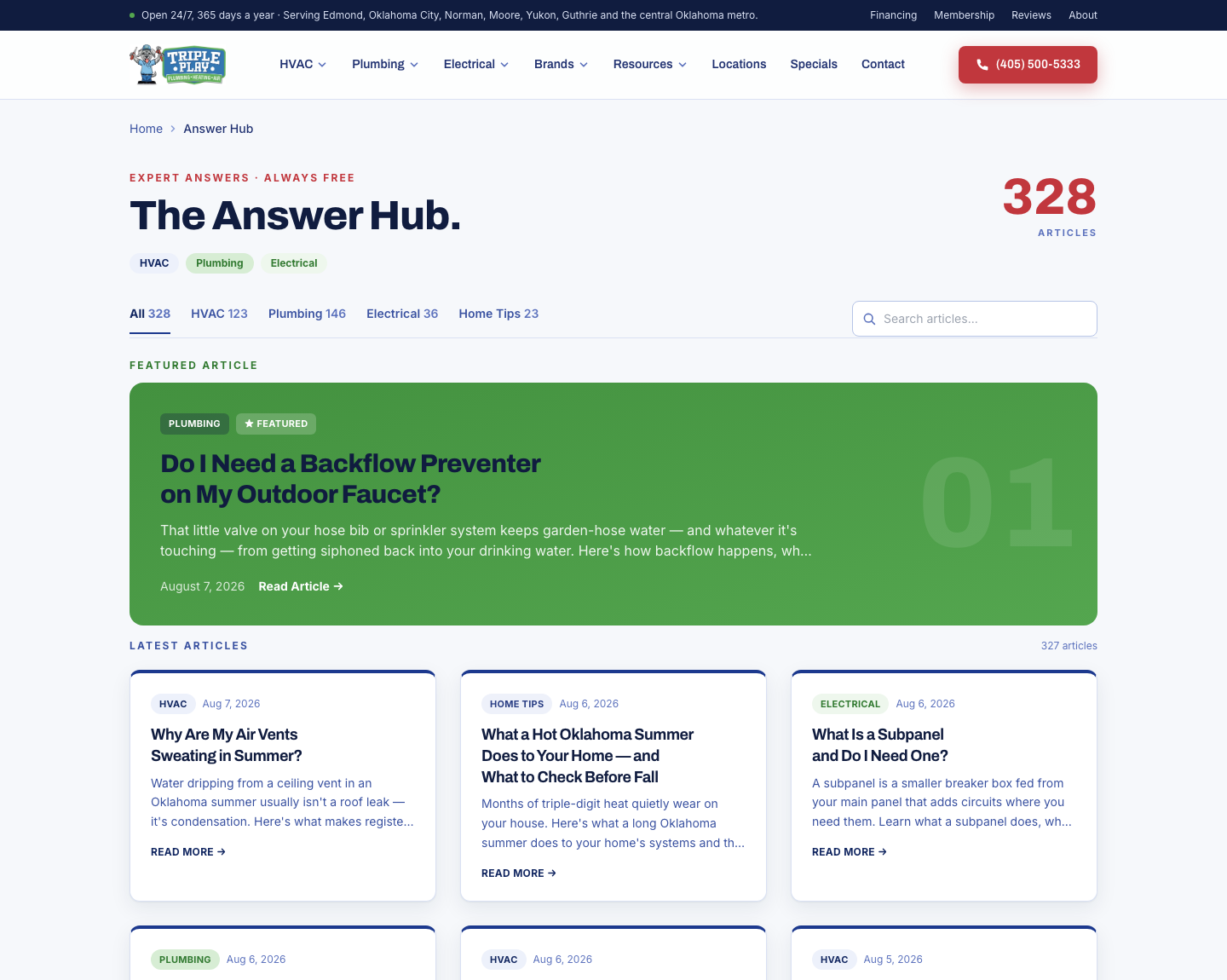 The Answer Hub on a live Bluefrog client deployment — 328 categorized articles across HVAC, plumbing and electrical with search and topic filters